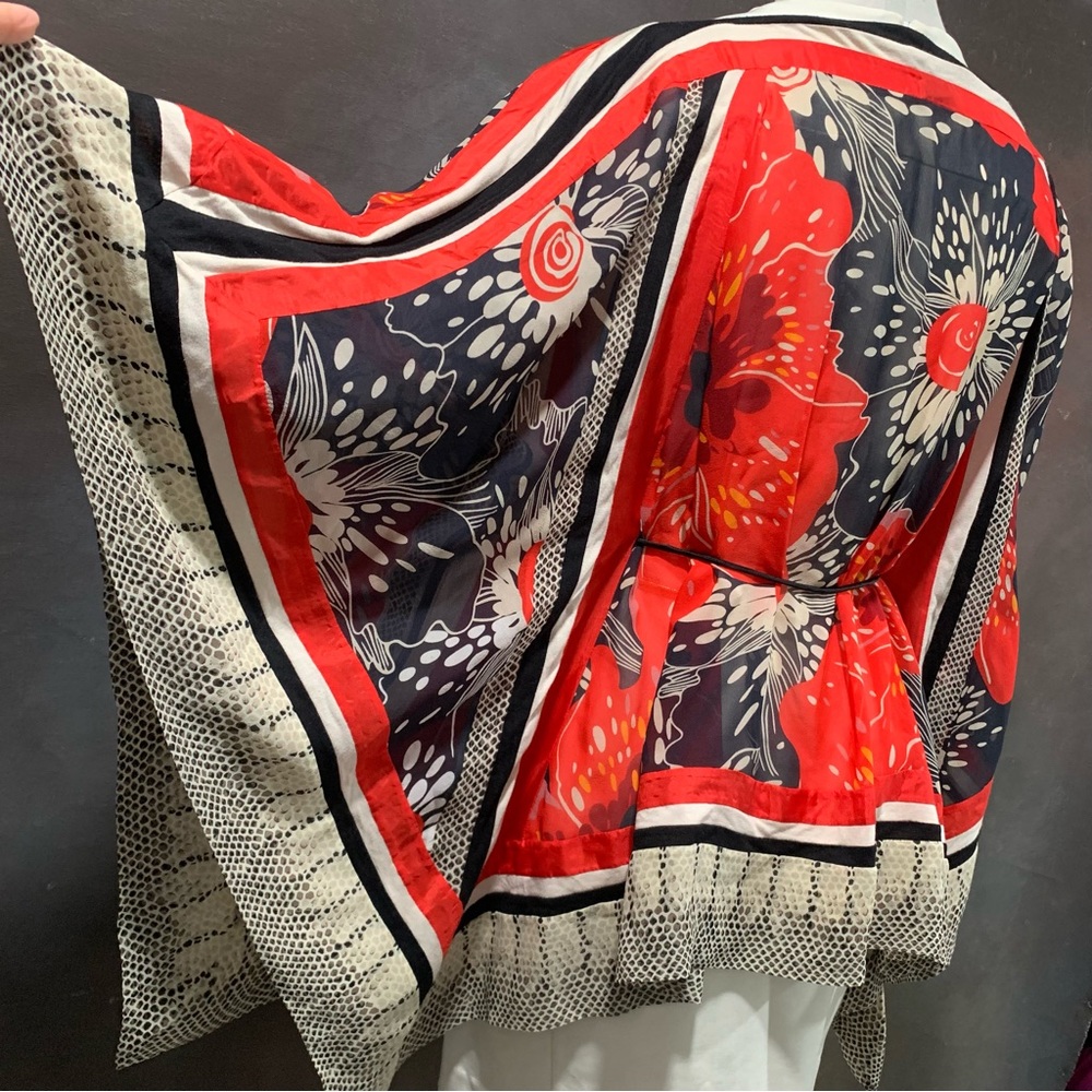VIVIENNE TAM Silk Wrap Blouse Scarf Lace Belt Printed Floral Mixed Patterns P/S - Picture 9 of 11